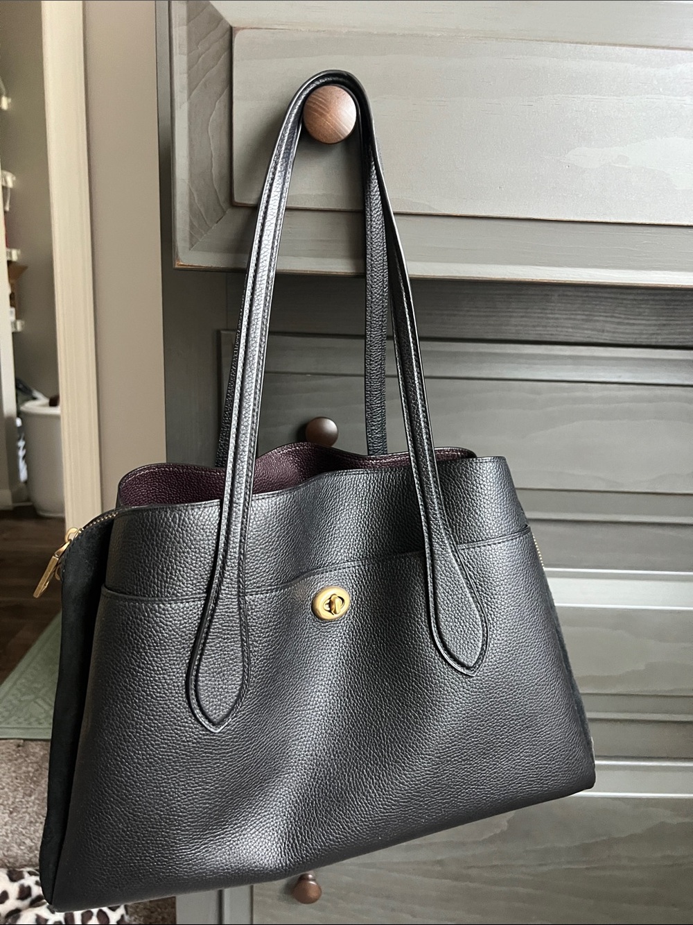 Coach Lora Black Carryall Purse Burgundy Interior